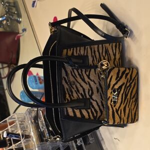 Michael Kors Black and Tan Tiger-Print Satchel With Change Purse.